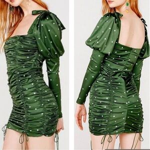 For Love And Lemons Satin Polka Dot Dress Ruching Square Neck Green/White SZ M